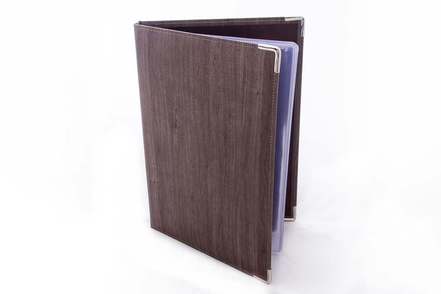 A4 PU display book using wood effect covering