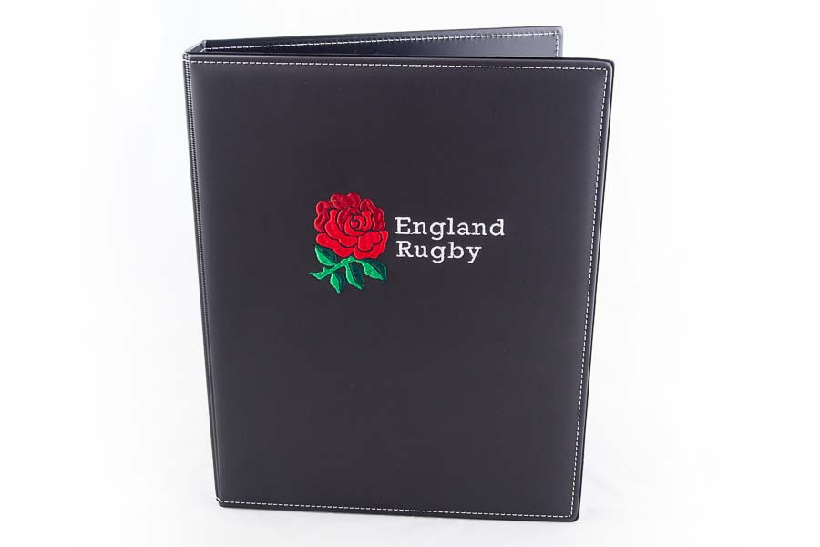 Folder with multicoloured embroidered logo